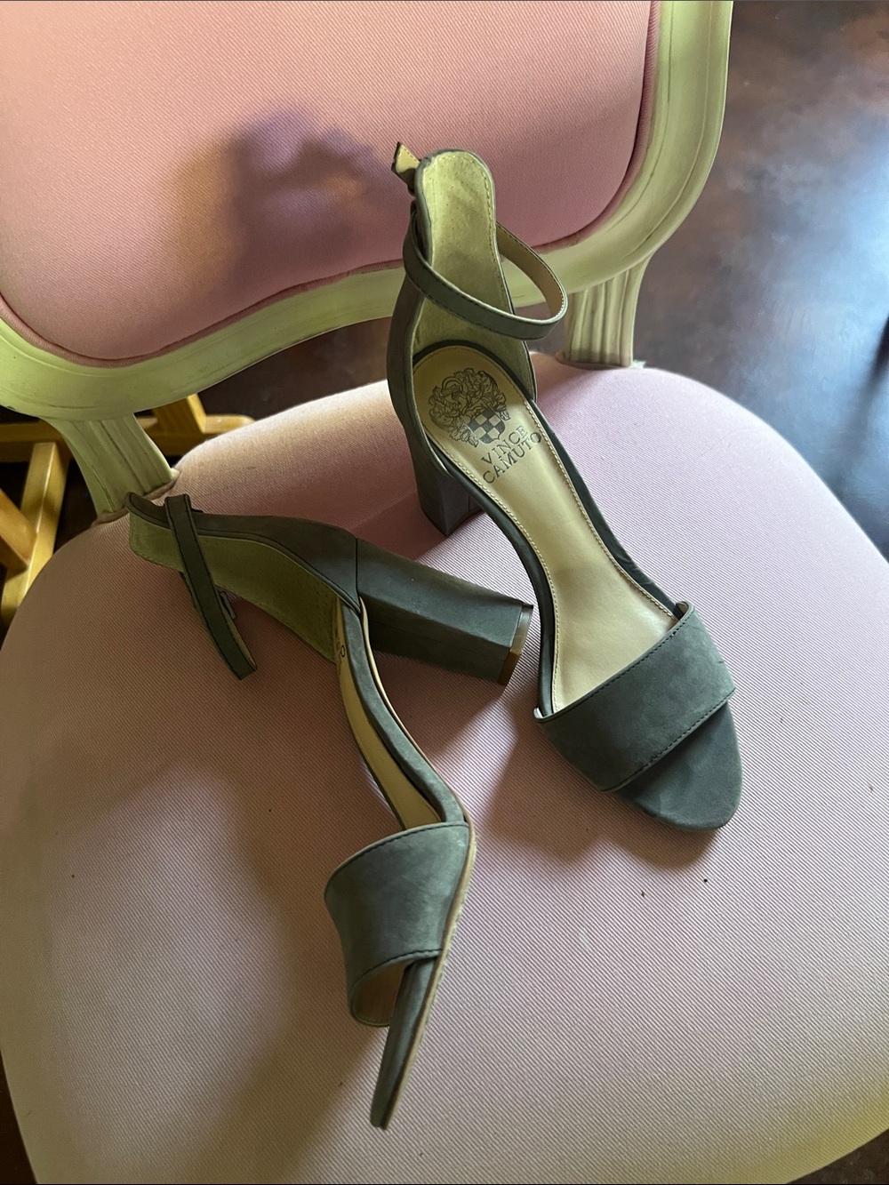 Vince Camuto Grey Suede Ankle Strap Block 2” Heels